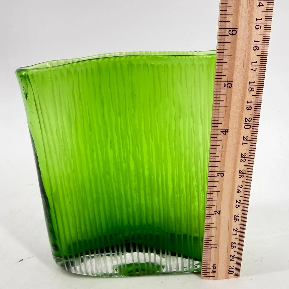 Art Glass Vase Decorative Vase Green Ribbed Hand Blown Slim Rectangular Fluted